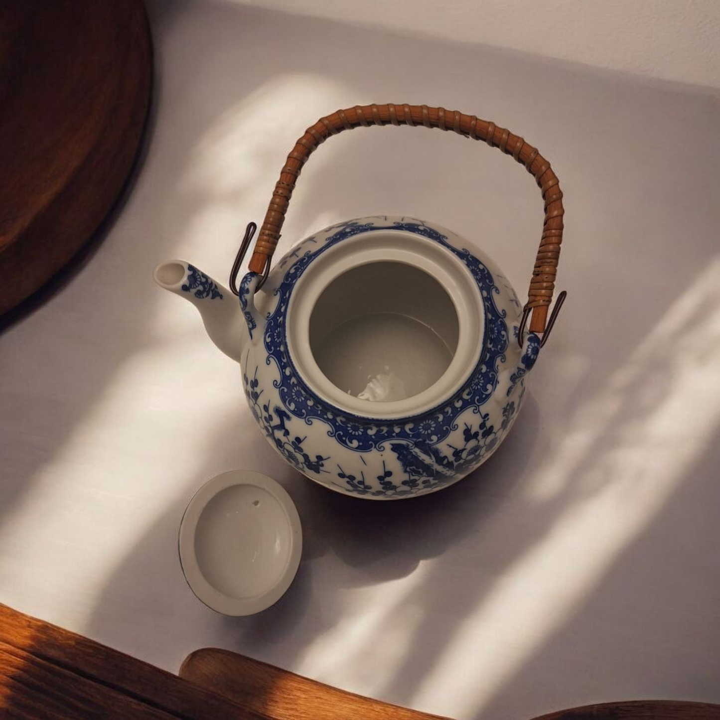 Collectible Tilso teapot made in Japan – hand-painted ceramic with a rustic wooden handle