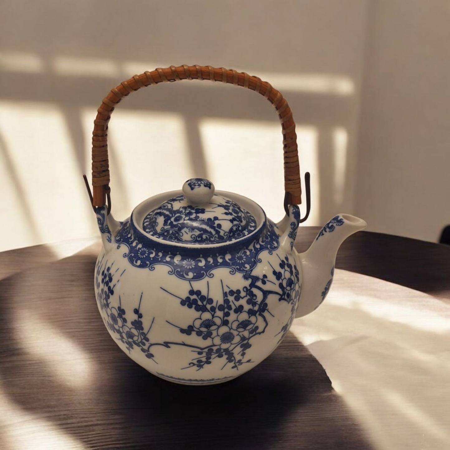 Traditional Japanese ceramic teapot with floral blue patterns and natural wooden handle